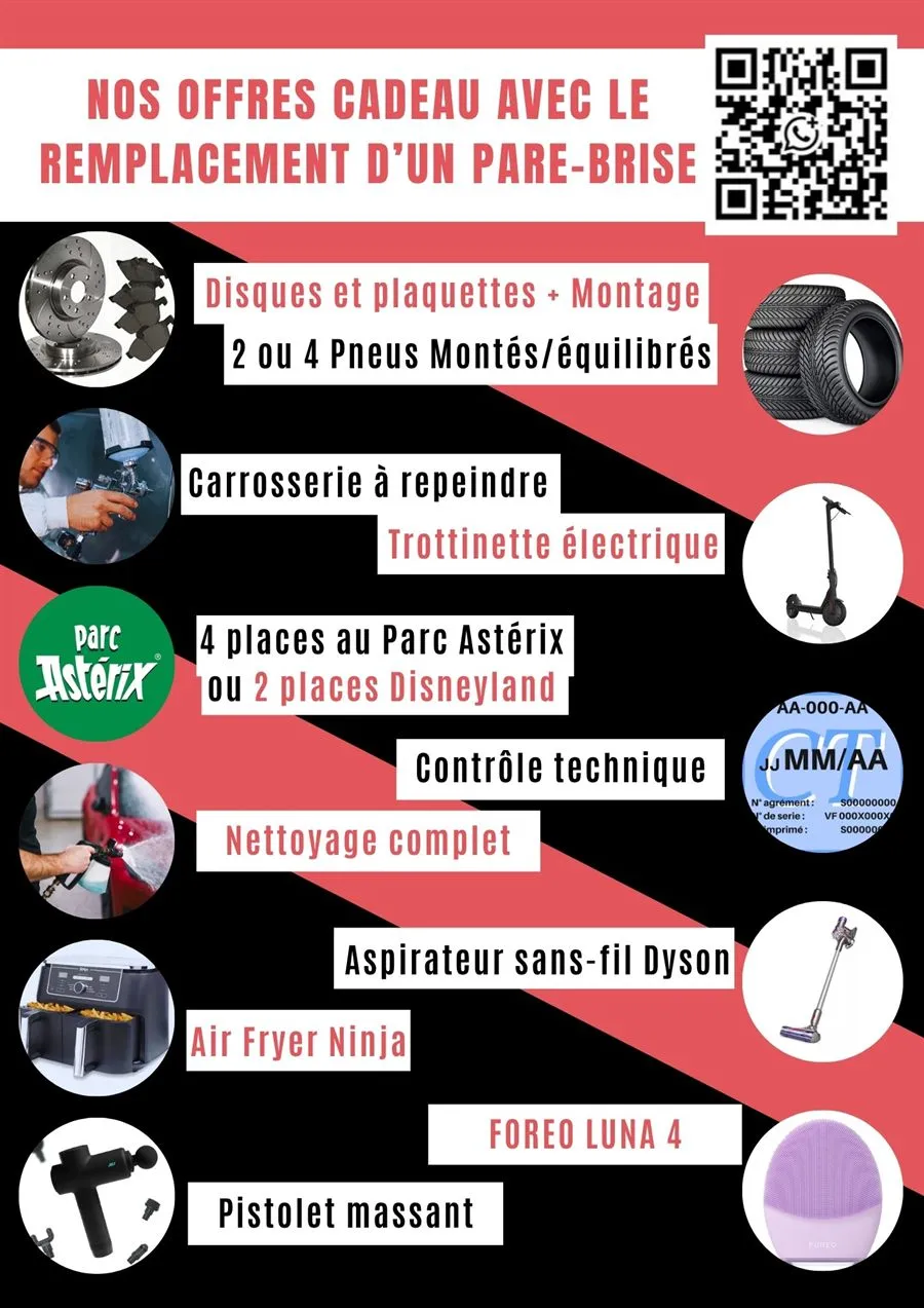 Fiche cadeaux Super Glass : disques et plaquettes de frein avec montage, 2 ou 4 pneus montés et équilibrés, carrosserie à repeindre, trottinette électrique, 4 places au Parc Astérix ou 2 places à Disneyland, contrôle technique, nettoyage complet du véhicule, aspirateur sans-fil Dyson, air fryer Ninja, brosse visage Foreo Luna 4, pistolet de massage