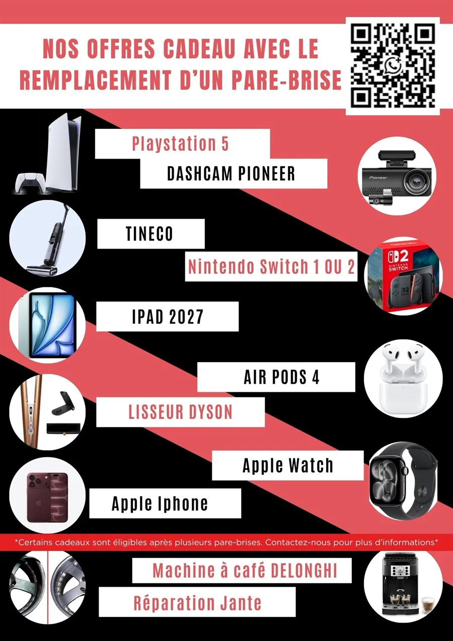 Fiche cadeaux Super Glass : PlayStation 5, dashcam Pioneer, aspirateur Tineco, Nintendo Switch 1 ou 2, iPad, AirPods 4, lisseur Dyson, Apple Watch, Apple iPhone, machine à café De'Longhi, réparation de jante. Certains cadeaux sont éligibles après plusieurs pare-brise.